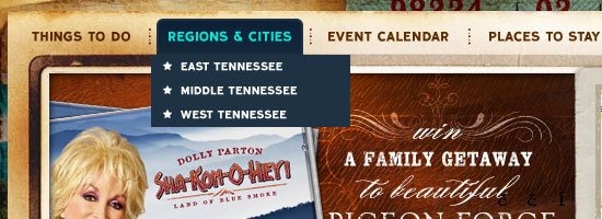 Tennessee Vacation navigation menu screen shot.