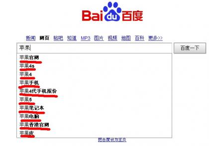 从百度“苹果”搜索产生的联想词（下拉框）就可以看出品牌关键词的作用与影响力